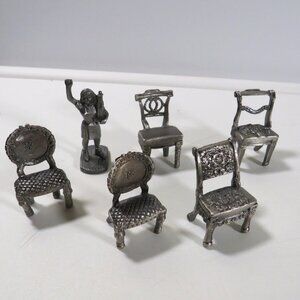 Miniature Pewter (5) Chairs & Lady Woman Figure 2" tall   by Sixtrees Ltd